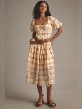 NWT Anthropologie White Smocked Plaid Eyelet Midi Sundress Size Medium